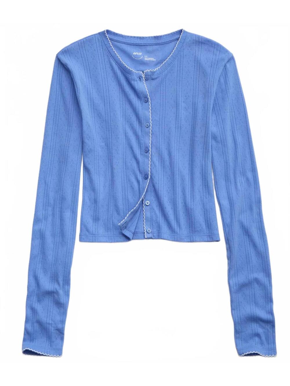 AE Aerie Off-Duty Pointelle Cardigan American Eagle Laundry Blue NWT XS